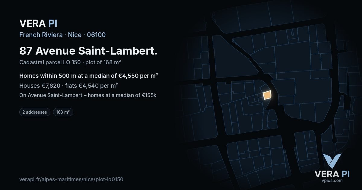 87 Avenue Saint-Lambert, Nice at night – the plot lit, the parcels around coloured by the prices near them