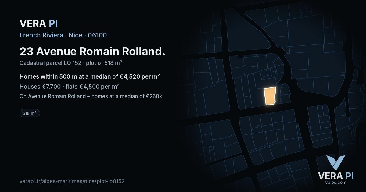 23 Avenue Romain Rolland, Nice at night – the plot lit, the parcels around coloured by the prices near them