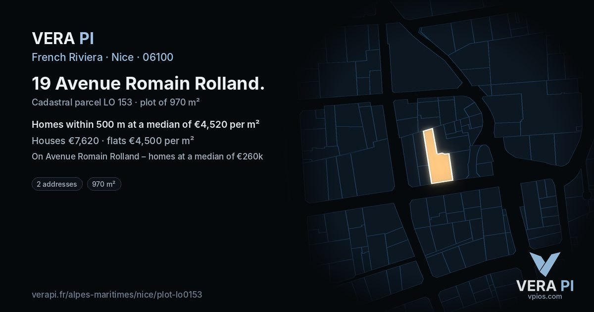 19 Avenue Romain Rolland, Nice at night – the plot lit, the parcels around coloured by the prices near them