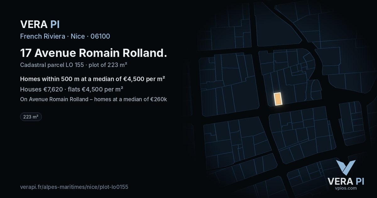 17 Avenue Romain Rolland, Nice at night – the plot lit, the parcels around coloured by the prices near them