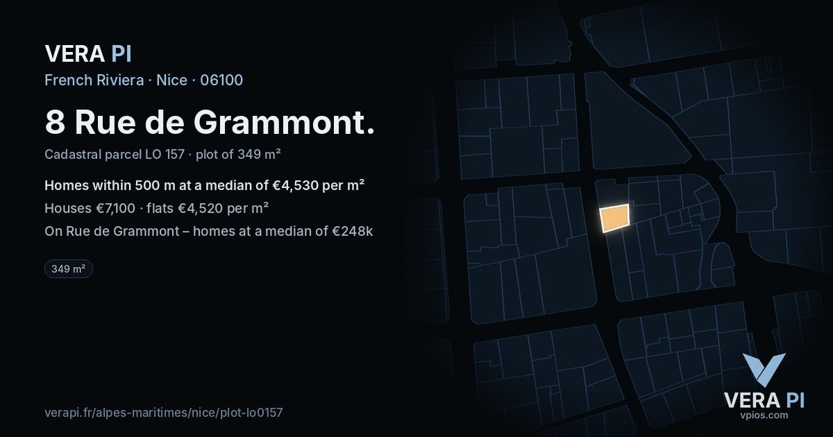 8 Rue de Grammont, Nice at night – the plot lit, the parcels around coloured by the prices near them