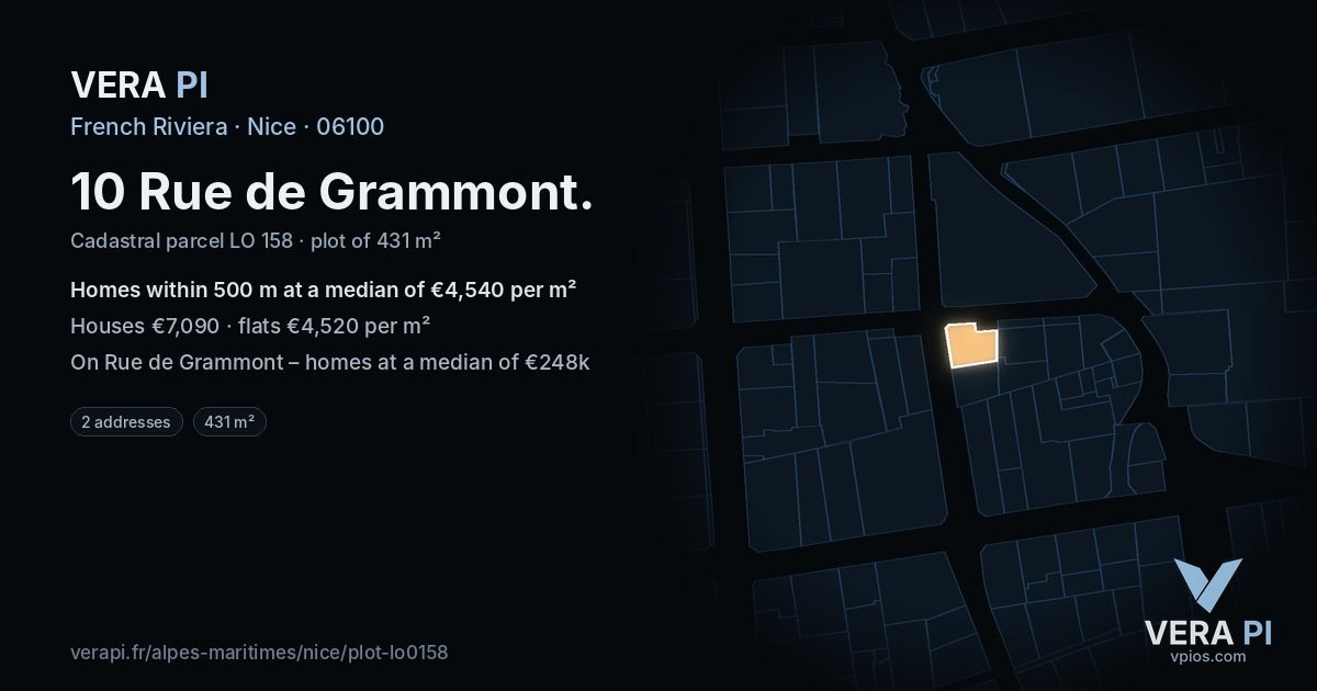 10 Rue de Grammont, Nice at night – the plot lit, the parcels around coloured by the prices near them