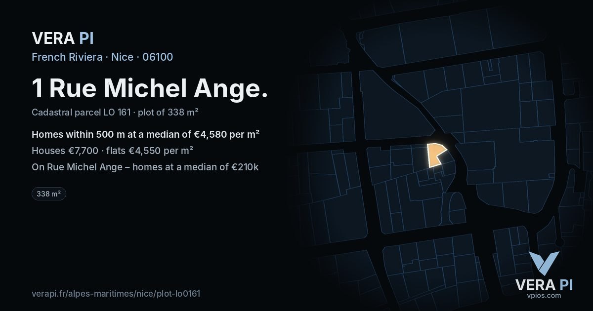 1 Rue Michel Ange, Nice at night – the plot lit, the parcels around coloured by the prices near them