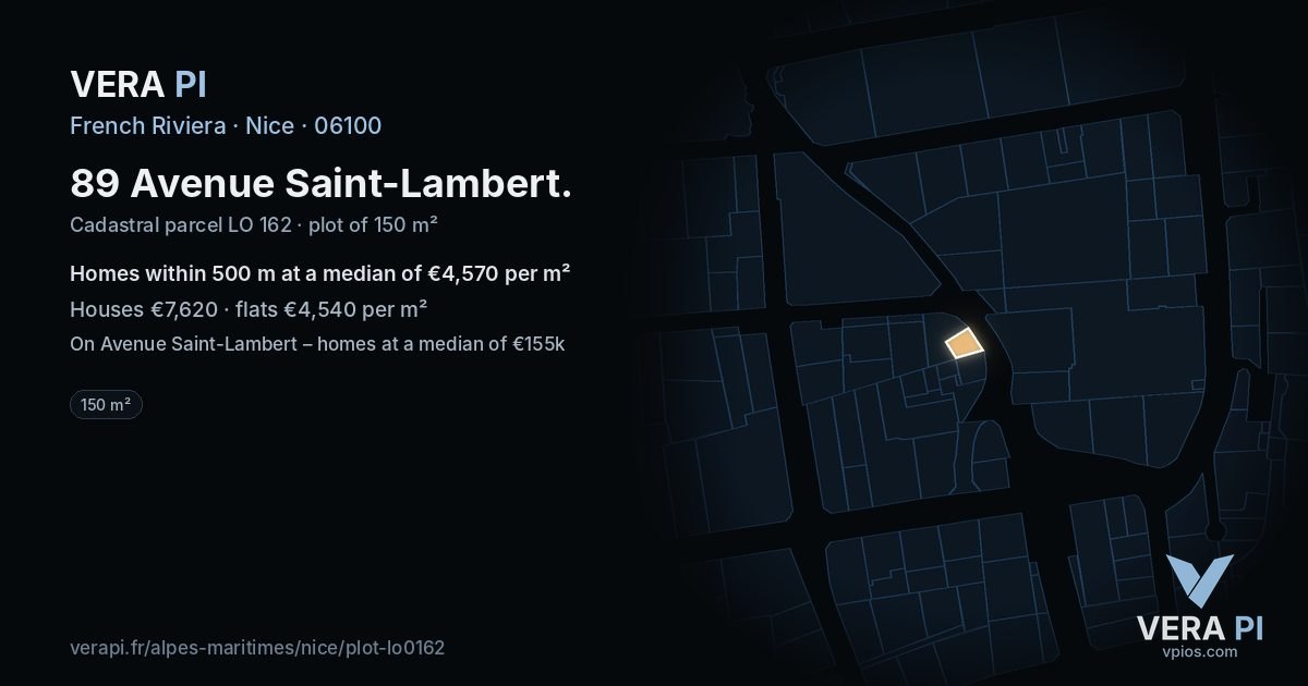 89 Avenue Saint-Lambert, Nice at night – the plot lit, the parcels around coloured by the prices near them
