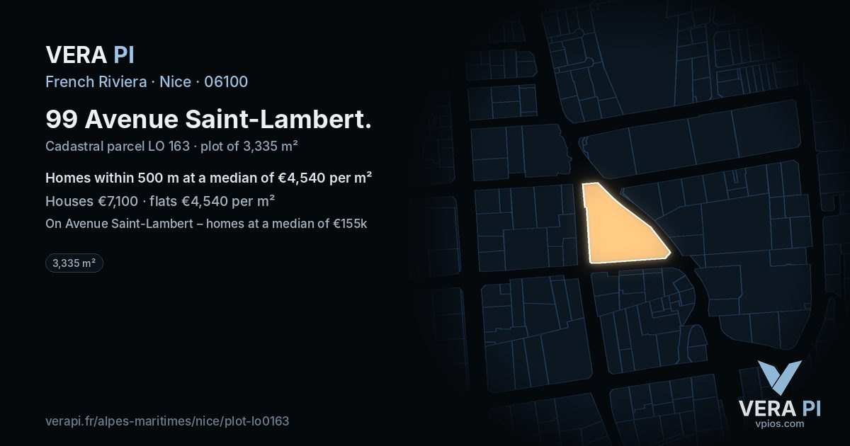 99 Avenue Saint-Lambert, Nice at night – the plot lit, the parcels around coloured by the prices near them