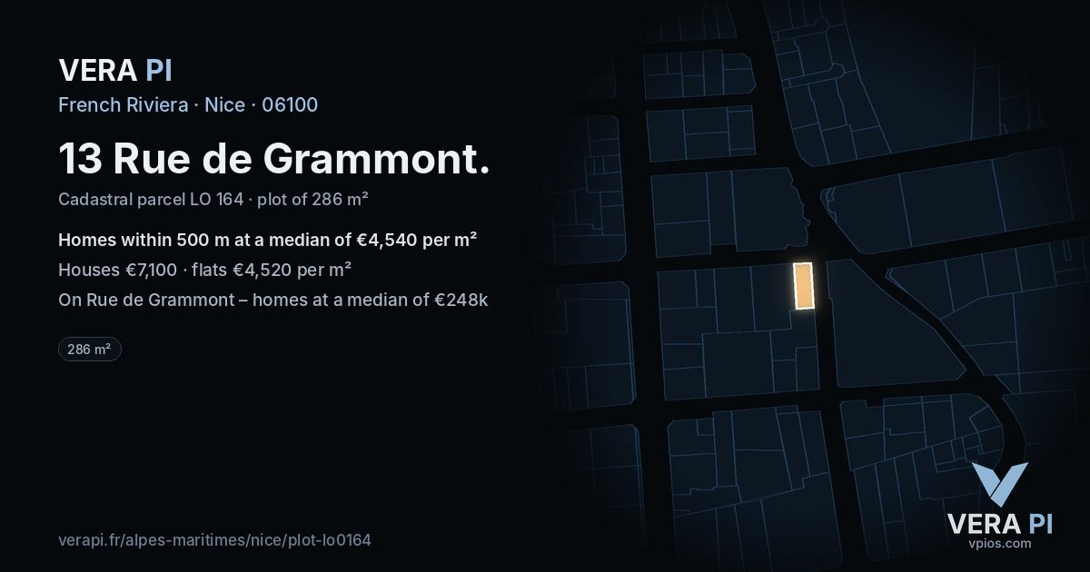 13 Rue de Grammont, Nice at night – the plot lit, the parcels around coloured by the prices near them