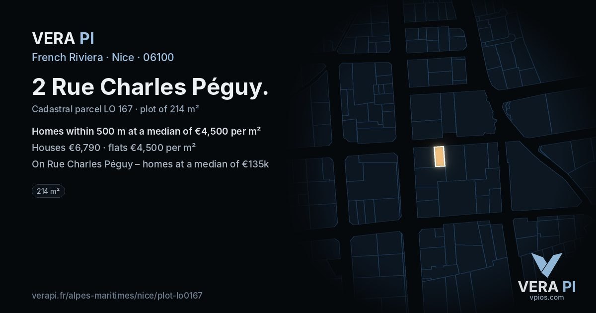 2 Rue Charles Péguy, Nice at night – the plot lit, the parcels around coloured by the prices near them