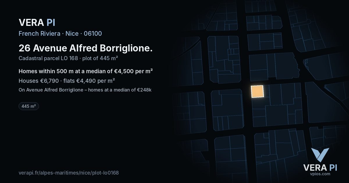 26 Avenue Alfred Borriglione, Nice at night – the plot lit, the parcels around coloured by the prices near them