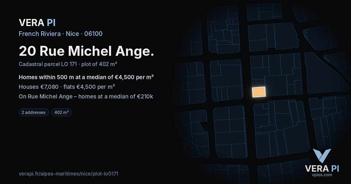 20 Rue Michel Ange, Nice at night – the plot lit, the parcels around coloured by the prices near them