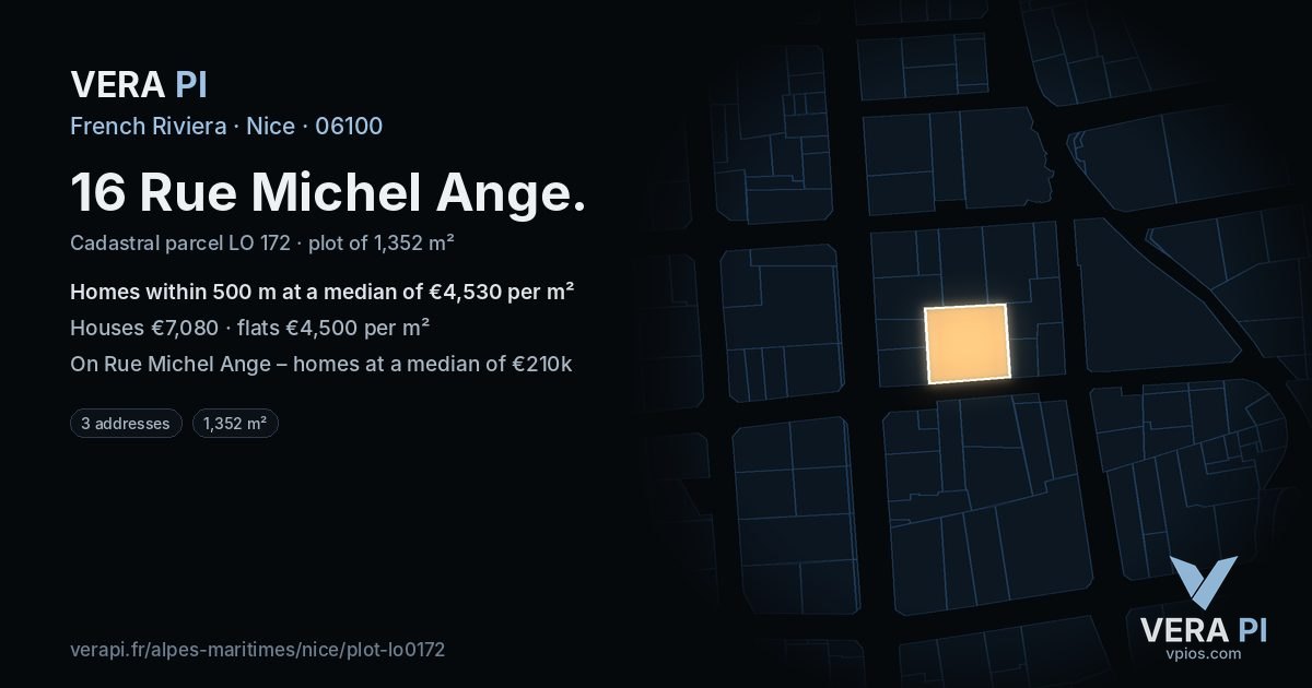 16 Rue Michel Ange, Nice at night – the plot lit, the parcels around coloured by the prices near them