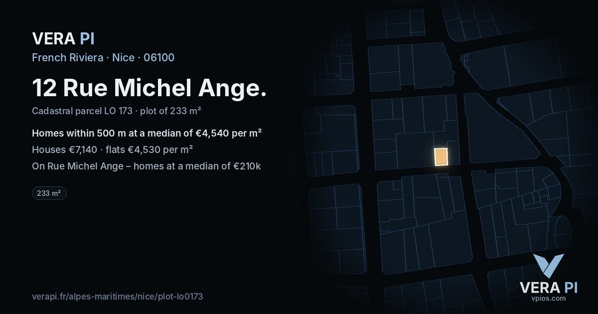12 Rue Michel Ange, Nice at night – the plot lit, the parcels around coloured by the prices near them