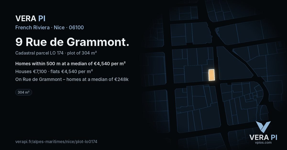 9 Rue de Grammont, Nice at night – the plot lit, the parcels around coloured by the prices near them