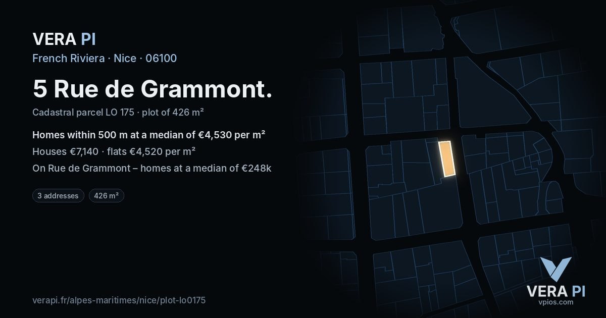 5 Rue de Grammont, Nice at night – the plot lit, the parcels around coloured by the prices near them