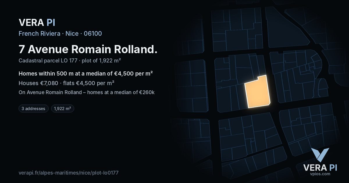 7 Avenue Romain Rolland, Nice at night – the plot lit, the parcels around coloured by the prices near them