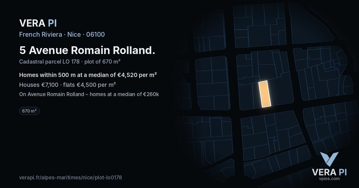 5 Avenue Romain Rolland, Nice at night – the plot lit, the parcels around coloured by the prices near them