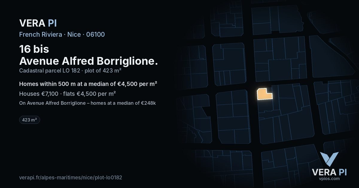 16 bis Avenue Alfred Borriglione, Nice at night – the plot lit, the parcels around coloured by the prices near them