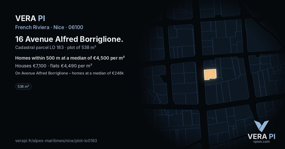 16 Avenue Alfred Borriglione, Nice at night – the plot lit, the parcels around coloured by the prices near them