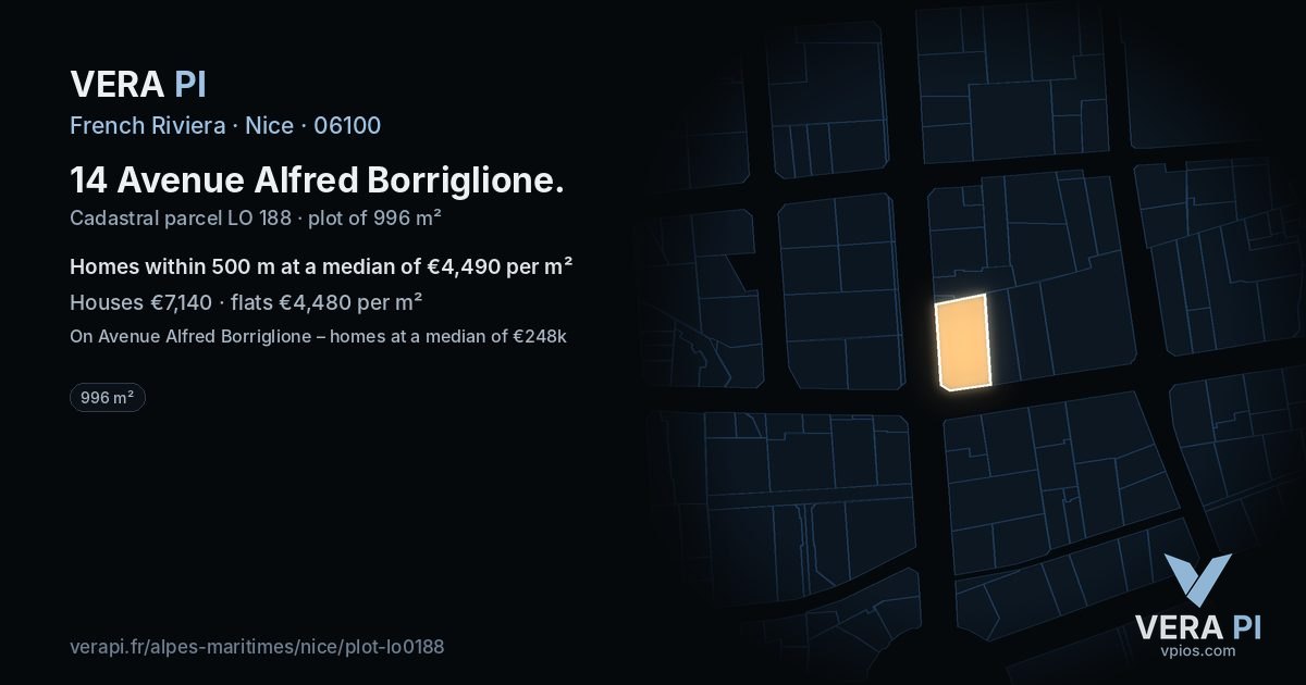 14 Avenue Alfred Borriglione, Nice at night – the plot lit, the parcels around coloured by the prices near them