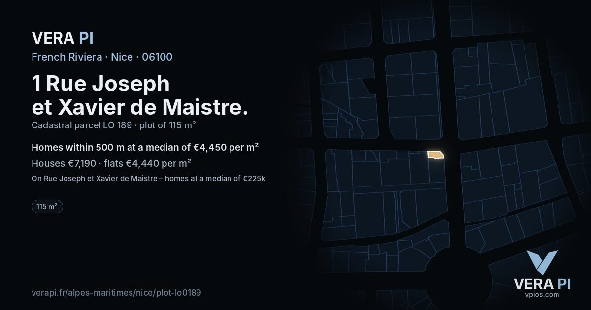 1 Rue Joseph et Xavier de Maistre, Nice at night – the plot lit, the parcels around coloured by the prices near them