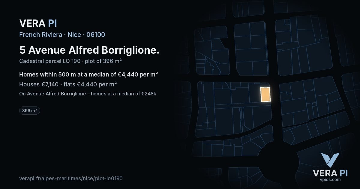 5 Avenue Alfred Borriglione, Nice at night – the plot lit, the parcels around coloured by the prices near them