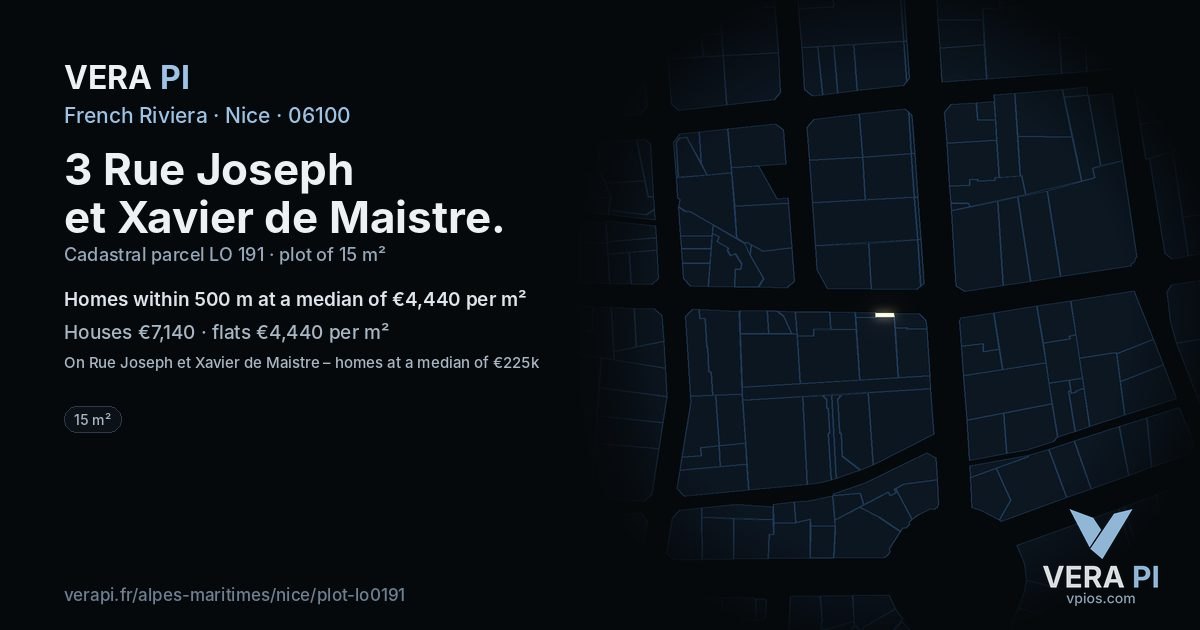 3 Rue Joseph et Xavier de Maistre, Nice at night – the plot lit, the parcels around coloured by the prices near them