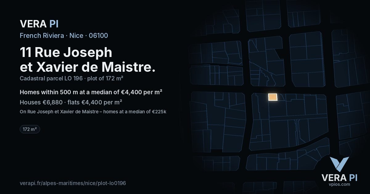 11 Rue Joseph et Xavier de Maistre, Nice at night – the plot lit, the parcels around coloured by the prices near them