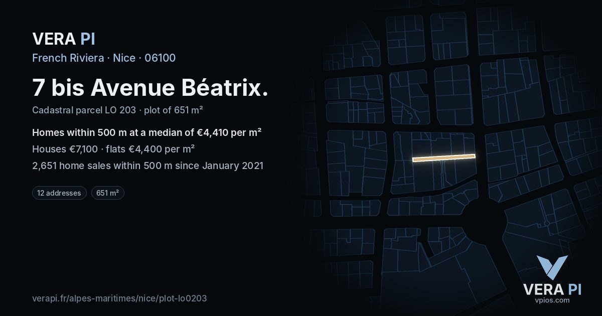 7 bis Avenue Béatrix, Nice at night – the plot lit, the parcels around coloured by the prices near them