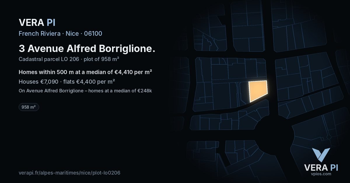 3 Avenue Alfred Borriglione, Nice at night – the plot lit, the parcels around coloured by the prices near them