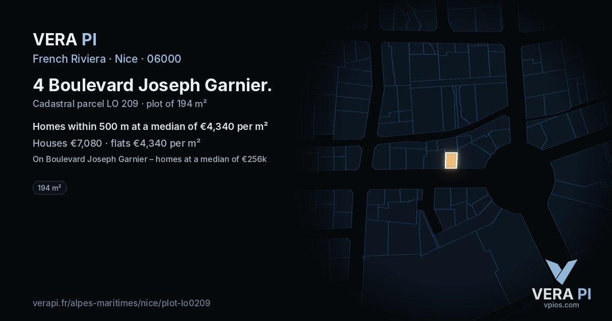 4 Boulevard Joseph Garnier, Nice at night – the plot lit, the parcels around coloured by the prices near them