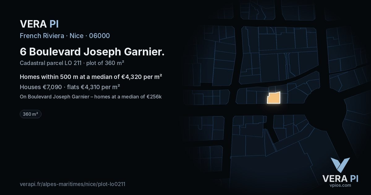 6 Boulevard Joseph Garnier, Nice at night – the plot lit, the parcels around coloured by the prices near them