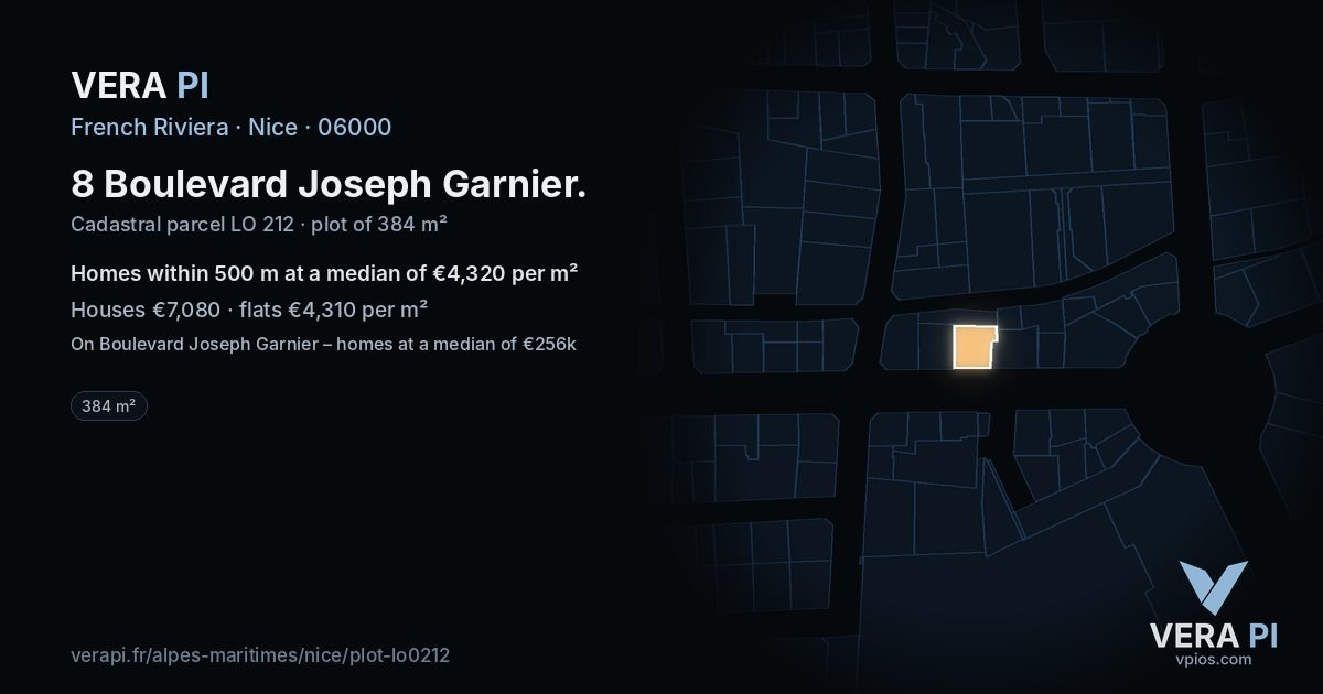 8 Boulevard Joseph Garnier, Nice at night – the plot lit, the parcels around coloured by the prices near them