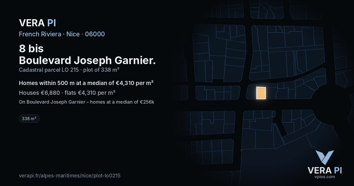 8 bis Boulevard Joseph Garnier, Nice at night – the plot lit, the parcels around coloured by the prices near them