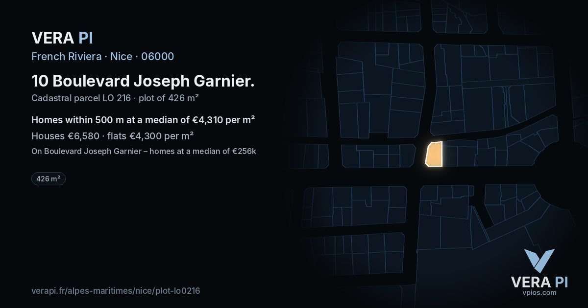 10 Boulevard Joseph Garnier, Nice at night – the plot lit, the parcels around coloured by the prices near them