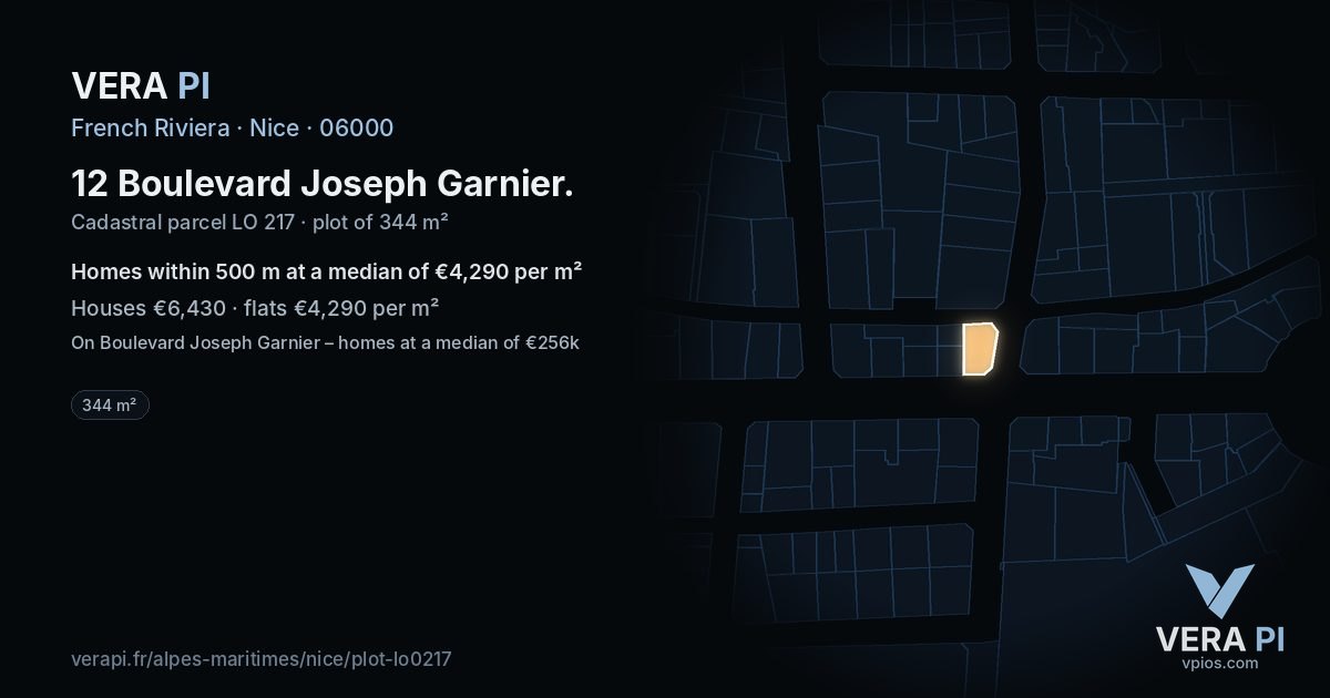 12 Boulevard Joseph Garnier, Nice at night – the plot lit, the parcels around coloured by the prices near them
