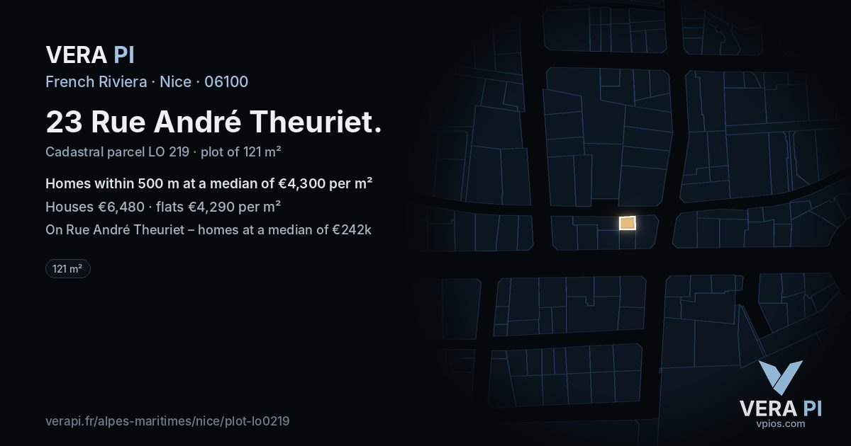 23 Rue André Theuriet, Nice at night – the plot lit, the parcels around coloured by the prices near them