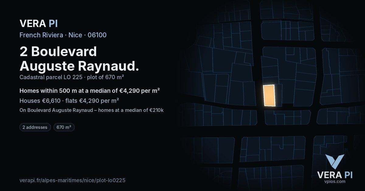 2 Boulevard Auguste Raynaud, Nice at night – the plot lit, the parcels around coloured by the prices near them