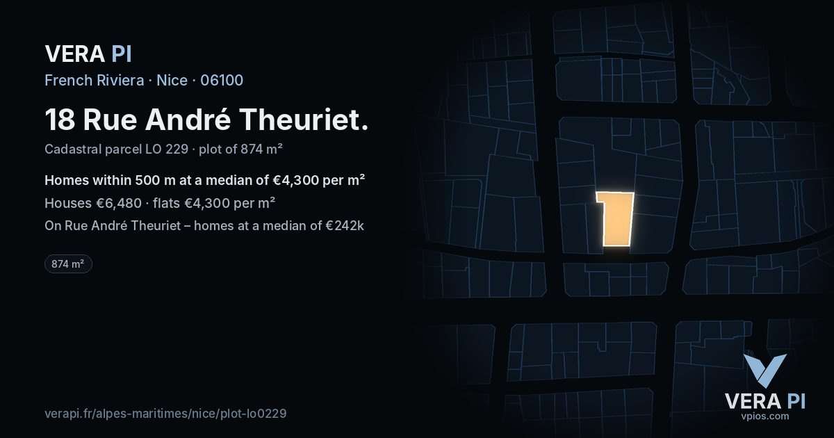 18 Rue André Theuriet, Nice at night – the plot lit, the parcels around coloured by the prices near them