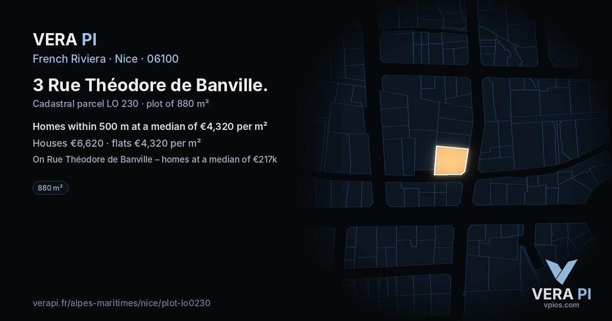 3 Rue Théodore de Banville, Nice at night – the plot lit, the parcels around coloured by the prices near them