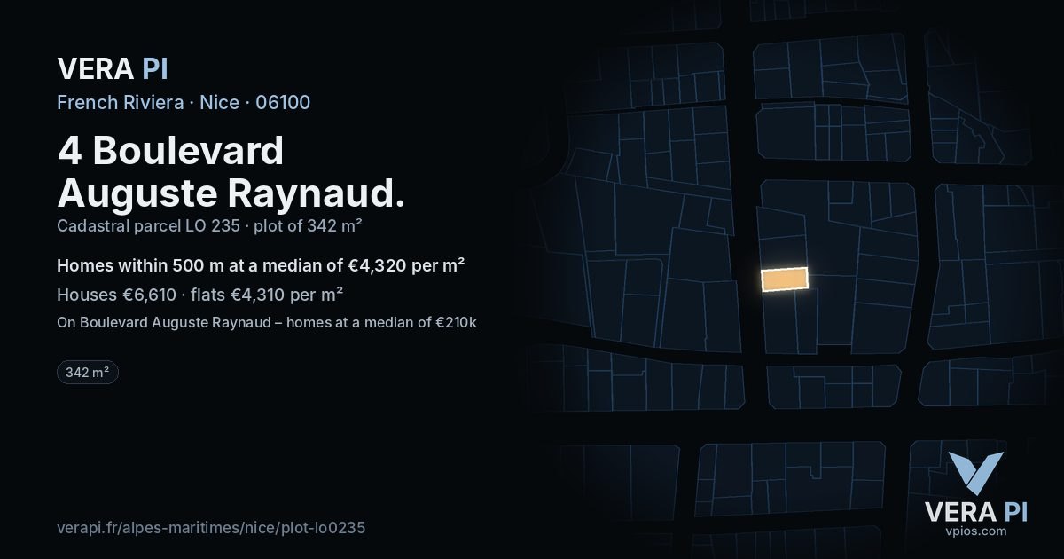 4 Boulevard Auguste Raynaud, Nice at night – the plot lit, the parcels around coloured by the prices near them