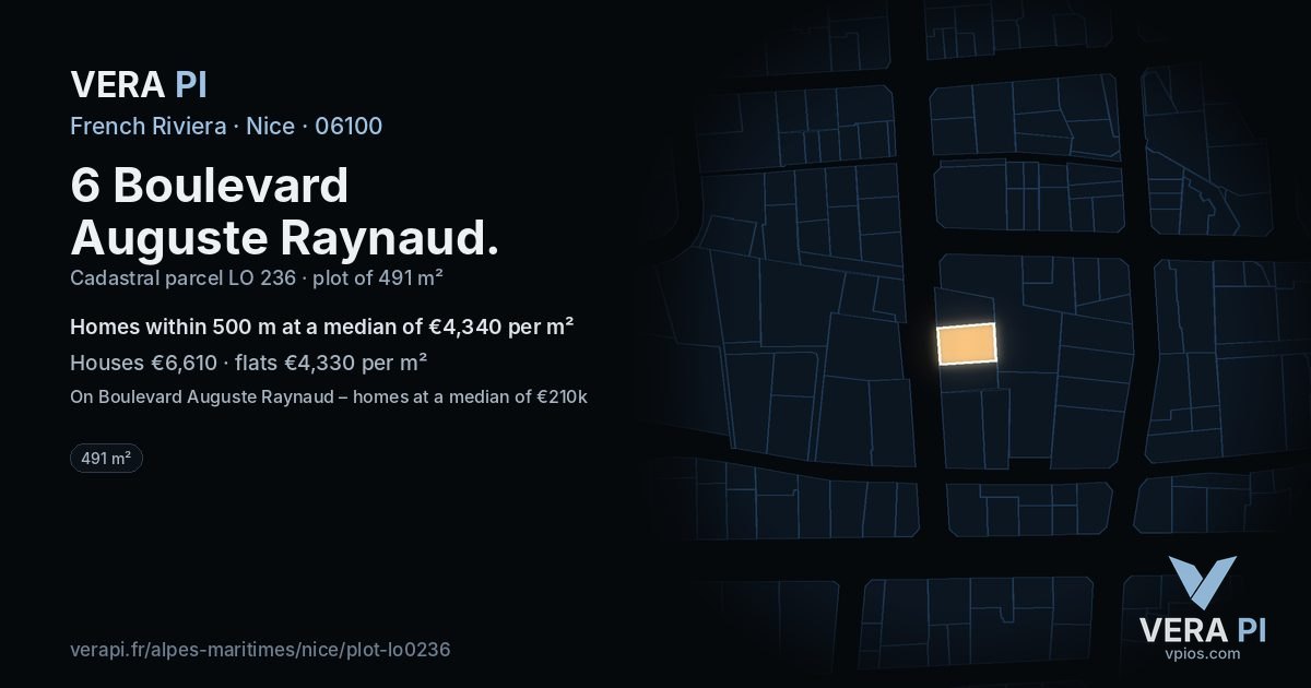 6 Boulevard Auguste Raynaud, Nice at night – the plot lit, the parcels around coloured by the prices near them