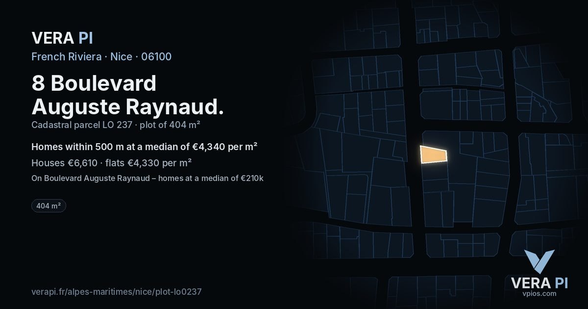 8 Boulevard Auguste Raynaud, Nice at night – the plot lit, the parcels around coloured by the prices near them