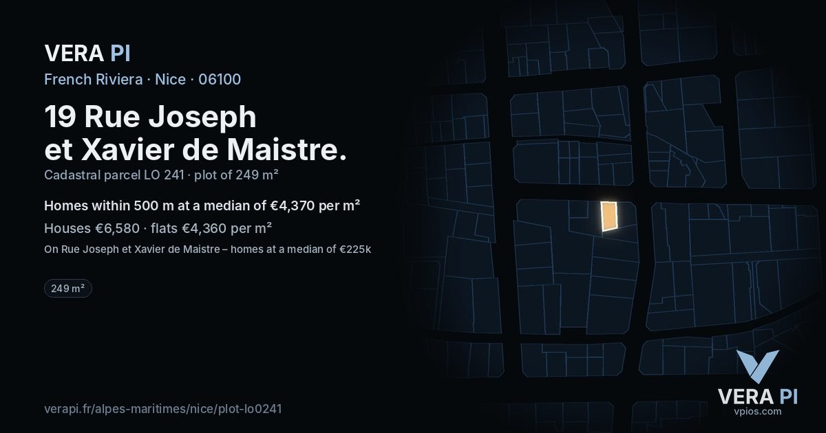 19 Rue Joseph et Xavier de Maistre, Nice at night – the plot lit, the parcels around coloured by the prices near them