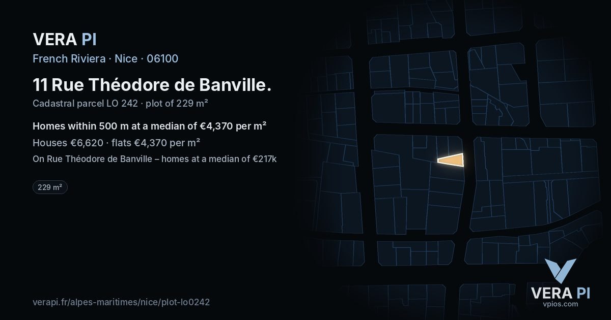 11 Rue Théodore de Banville, Nice at night – the plot lit, the parcels around coloured by the prices near them