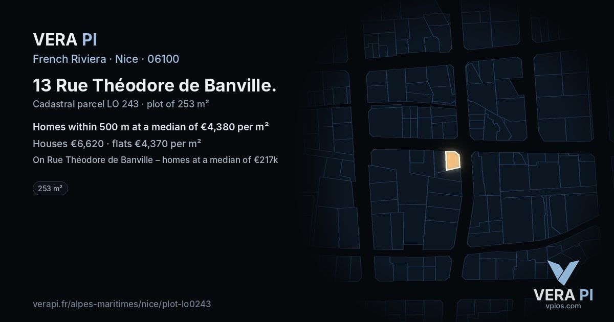 13 Rue Théodore de Banville, Nice at night – the plot lit, the parcels around coloured by the prices near them
