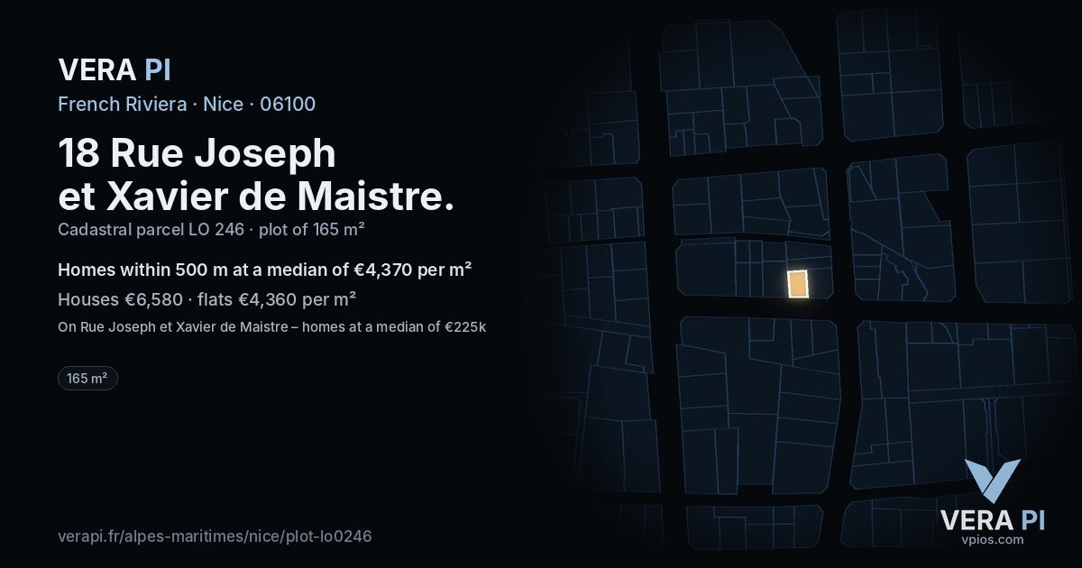 18 Rue Joseph et Xavier de Maistre, Nice at night – the plot lit, the parcels around coloured by the prices near them