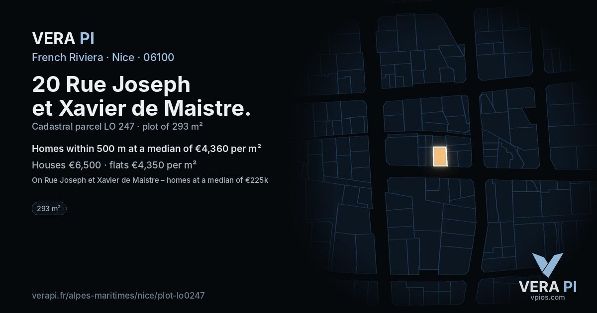 20 Rue Joseph et Xavier de Maistre, Nice at night – the plot lit, the parcels around coloured by the prices near them
