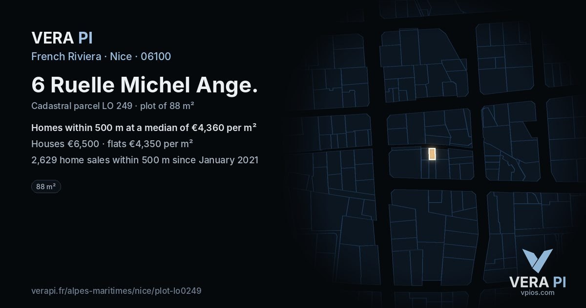 6 Ruelle Michel Ange, Nice at night – the plot lit, the parcels around coloured by the prices near them