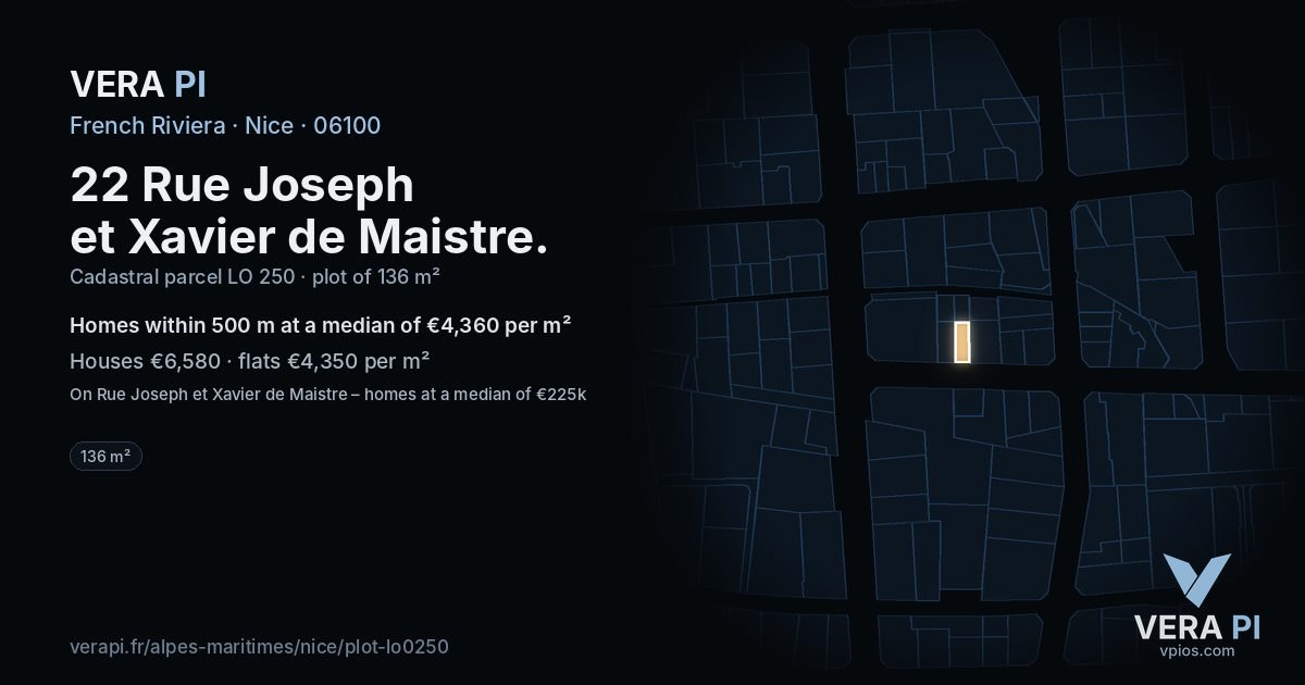 22 Rue Joseph et Xavier de Maistre, Nice at night – the plot lit, the parcels around coloured by the prices near them