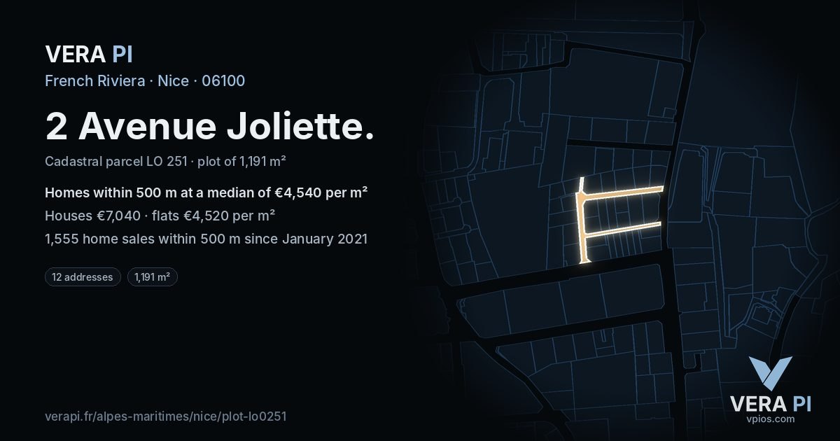 2 Avenue Joliette, Nice at night – the plot lit, the parcels around coloured by the prices near them