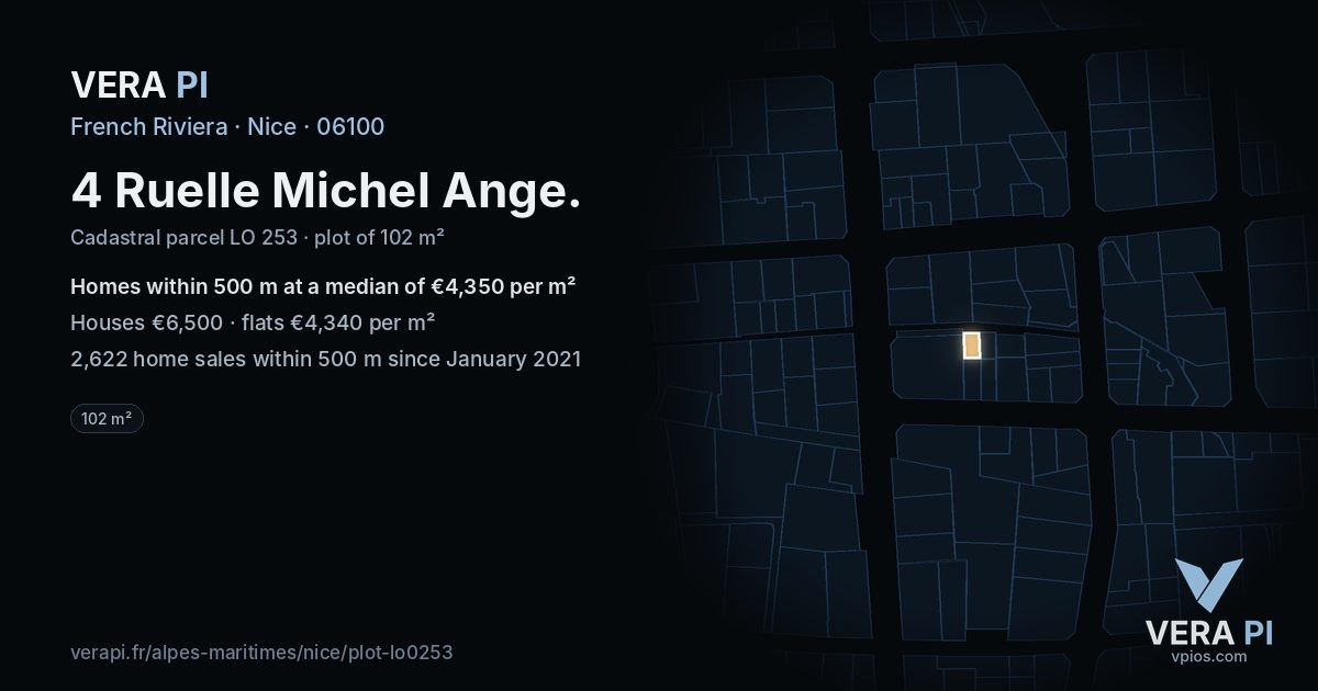 4 Ruelle Michel Ange, Nice at night – the plot lit, the parcels around coloured by the prices near them